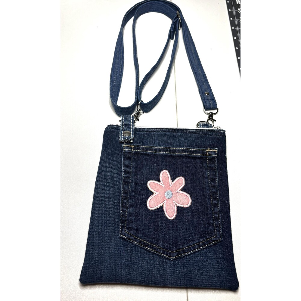 Handmade Upcycled Blue Denim Crossbody Bag With Adjustable Strap Flower Patches